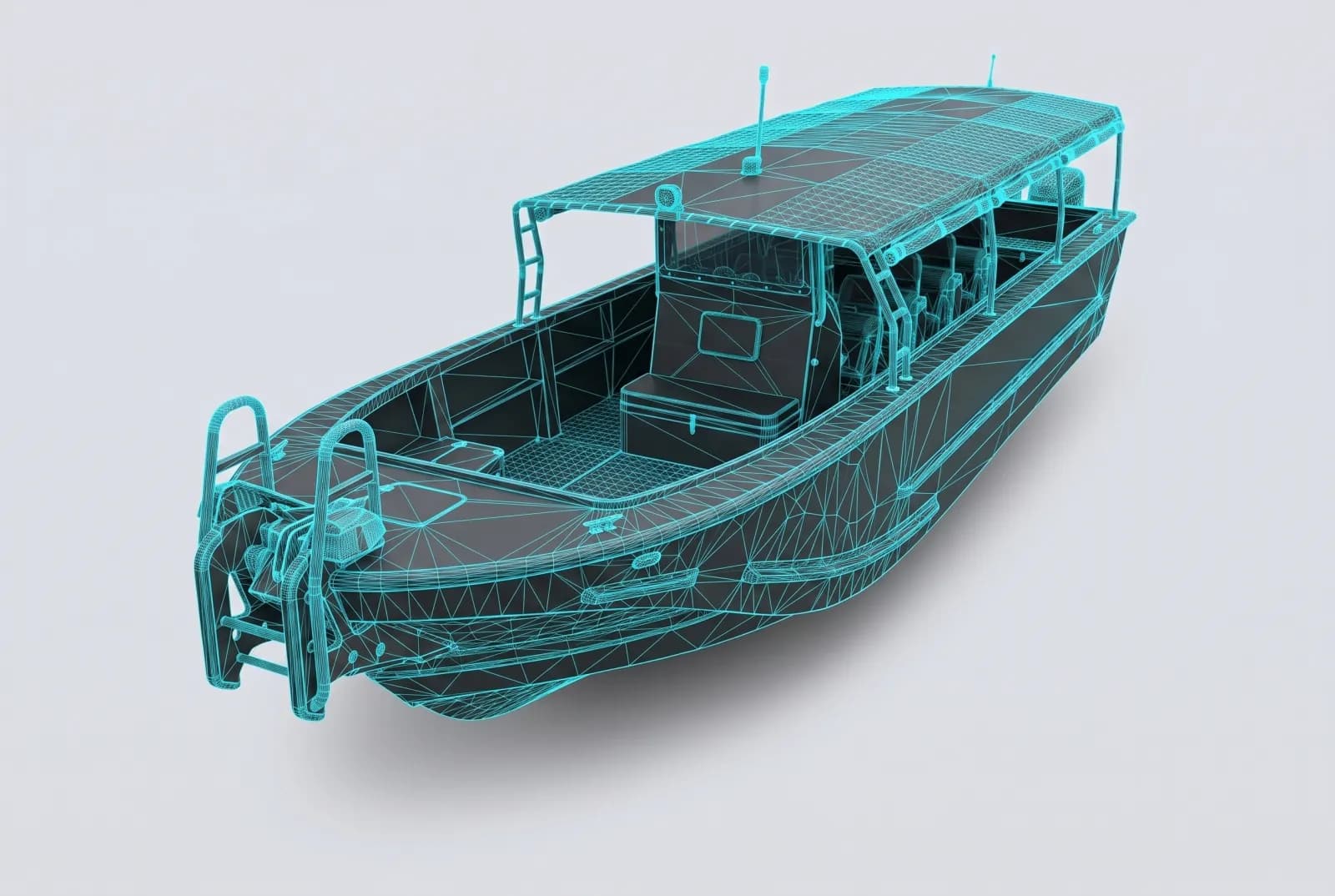 Modelo 3D del casco con mallado y superficies sobre fondo claro