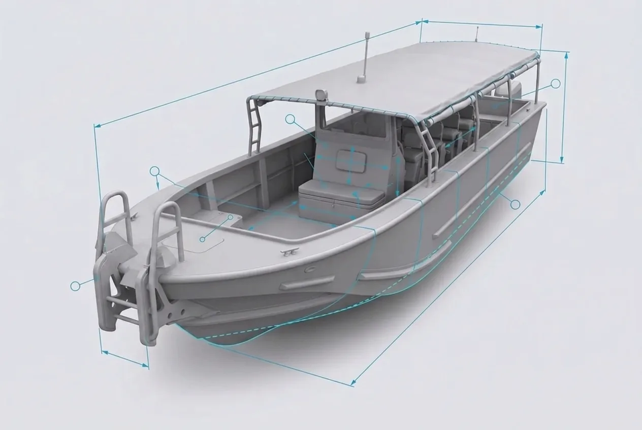 Modelo del casco con anotaciones de ingeniería: línea de flotación, secciones y cotas