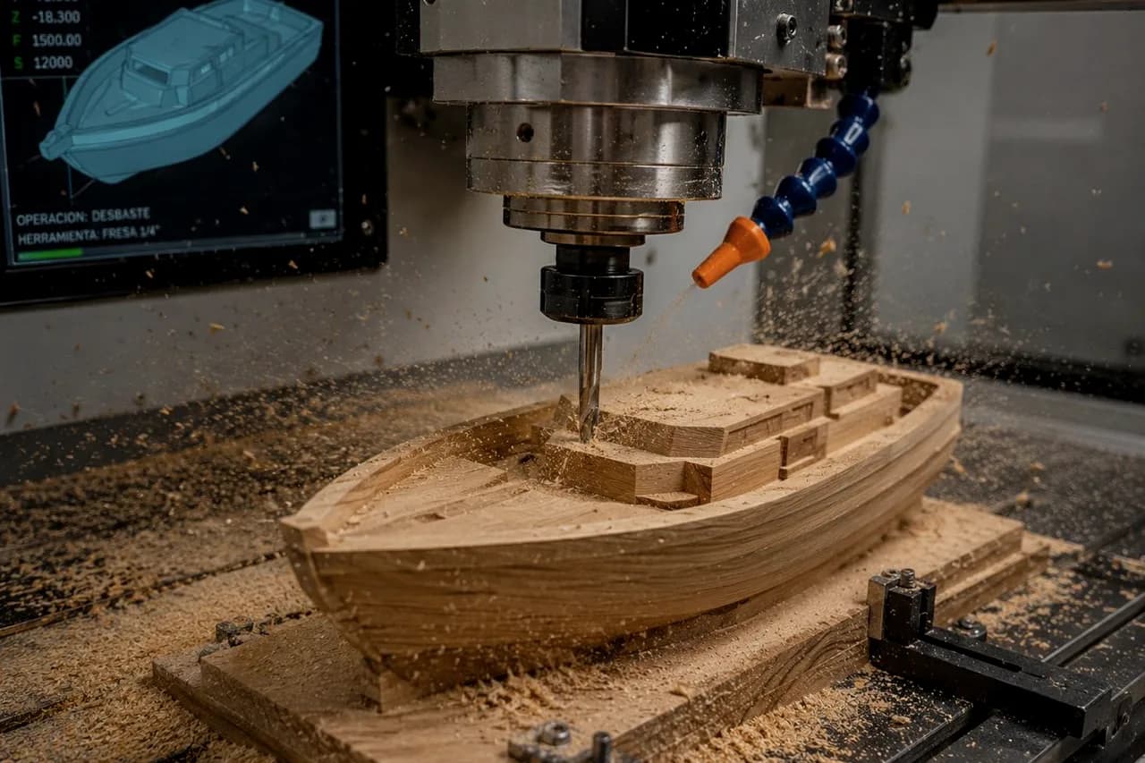Fresadora CNC mecanizando el modelo de un casco en el taller