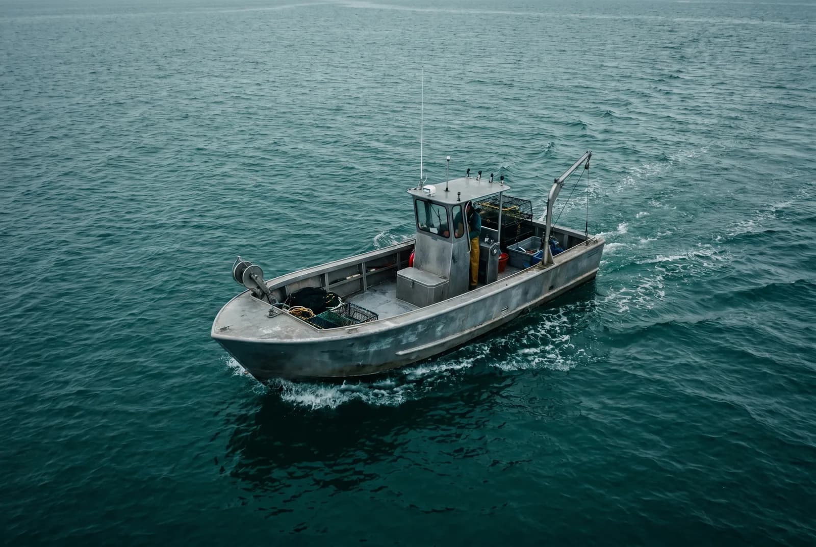 Bote de trabajo y pesca comercial de Mar 10 navegando
